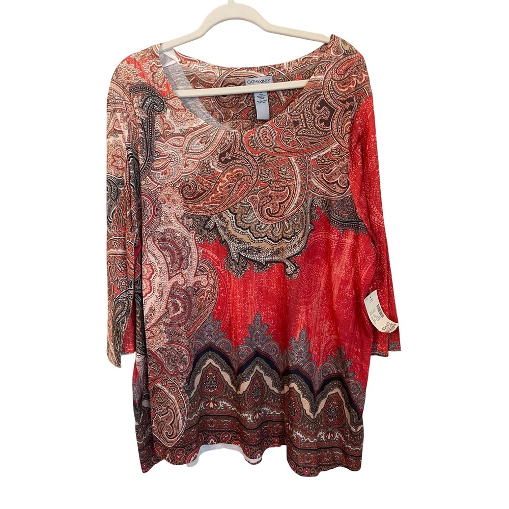 Catherines Womens Size 2X Paisley Rhinestone Accent 3/4 Sleeve Tunic Top NWT